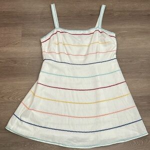 White Sleeveless Fully Lined Dress with Zigzag Embroidered Stripes